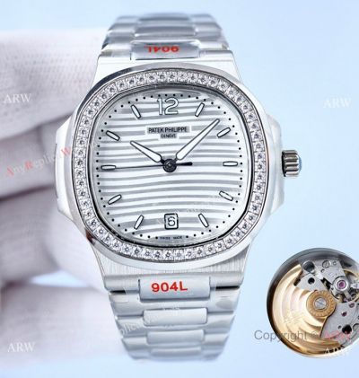 Swiss Quality Copy Patek Philippe Watches Nautilus 8215 Automatic Watches Diamond Bezel White Dial